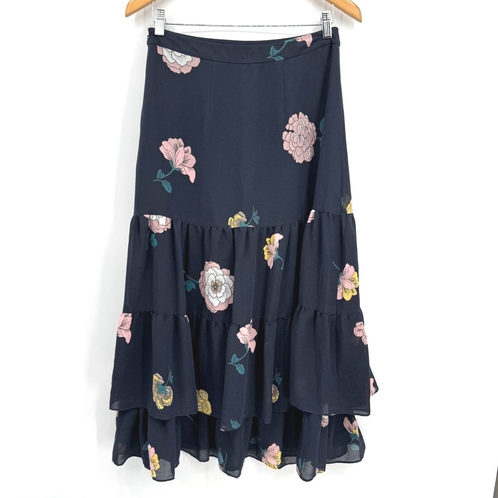 Ann‎ Taylor Loft Floral Tiered Maxi Skirt Zip Dark Blue Size 4 Womens Bohemian